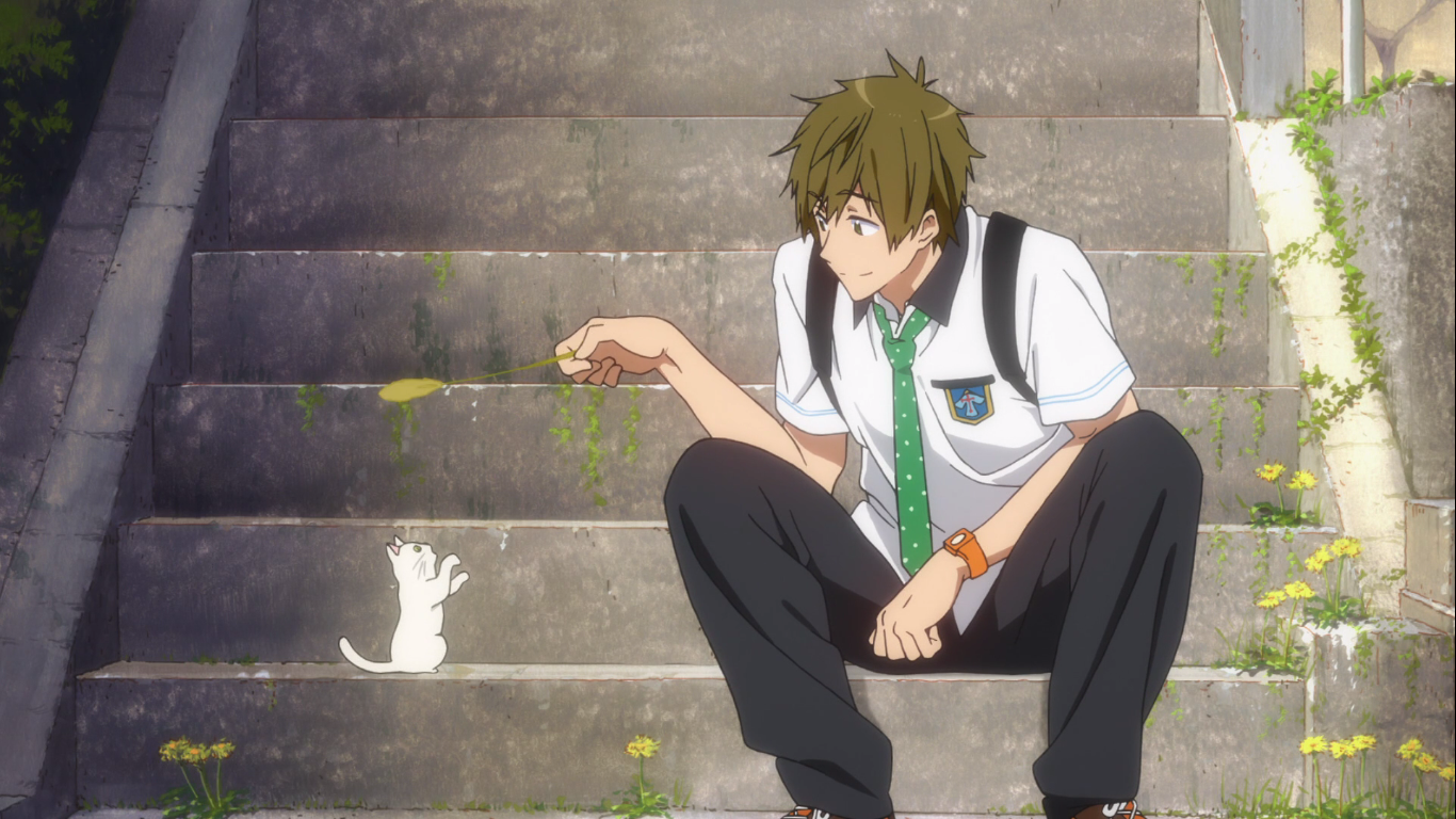 Makoto from swim free with a cat